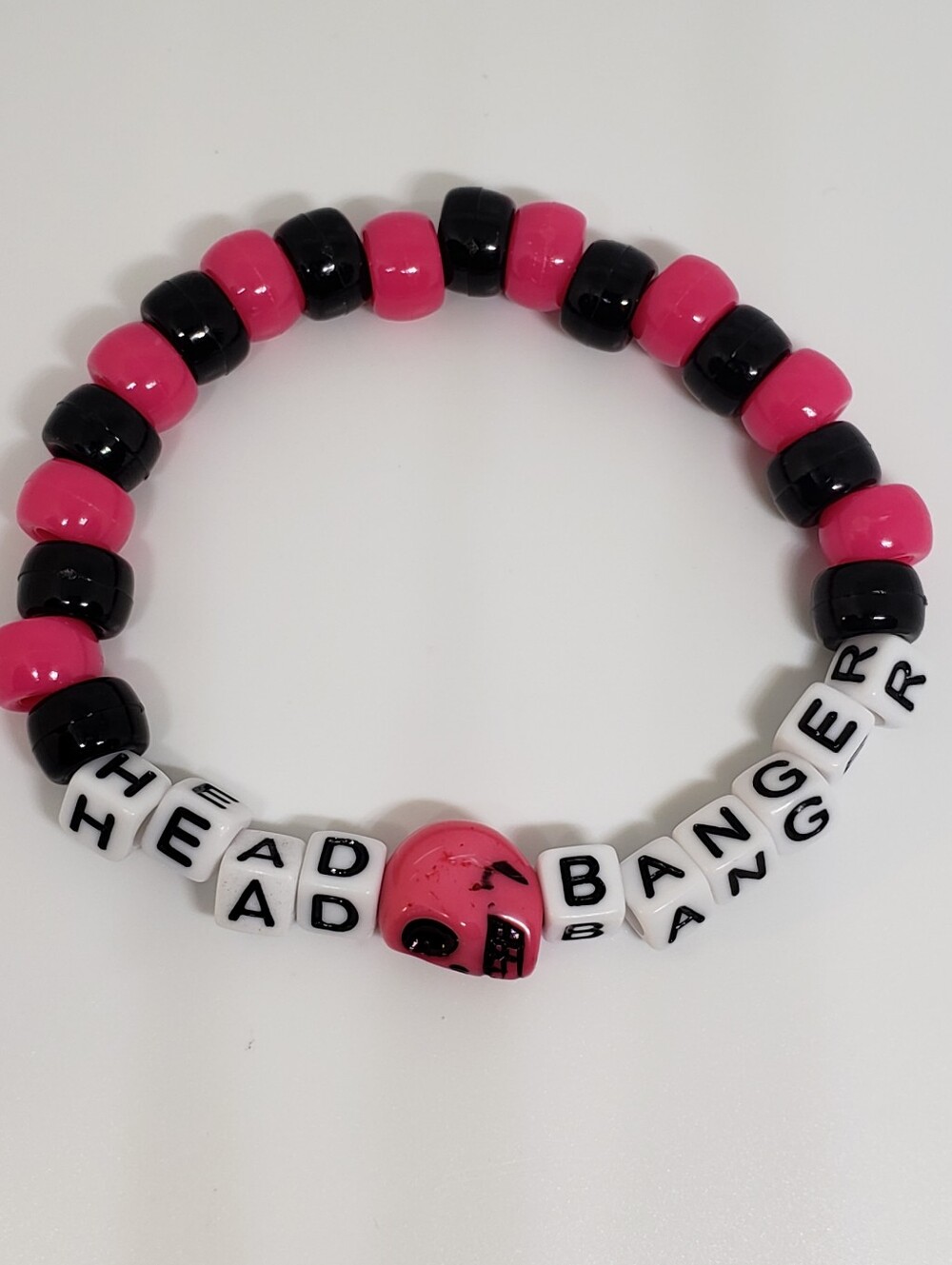 Handmade Pink Black Skull Head Banger Kandi bracelet
